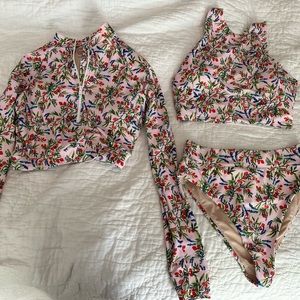 Beautiful 3 piece bathing suit, rash guard, and high neck bikini